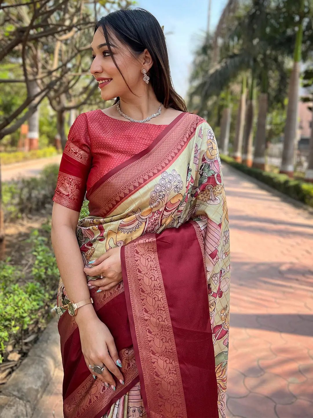 Pista Colour Double Border Chex Weaving Banarasi Soft Silk Saree by My Store