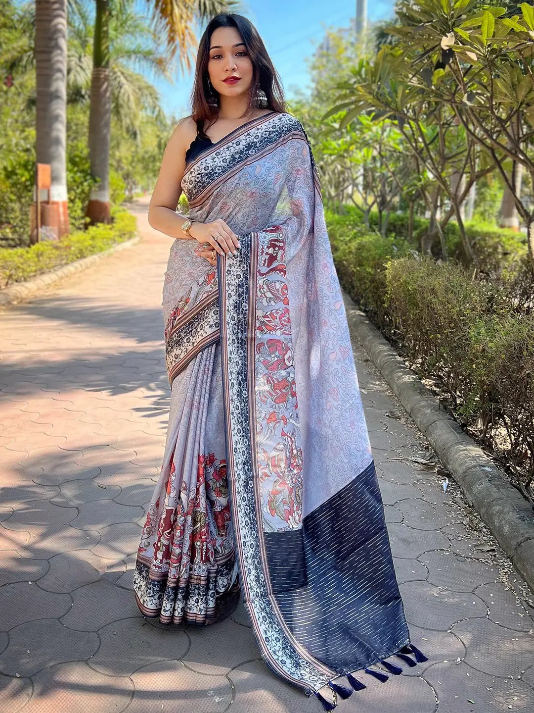 Satin Kota Doria Saree With Kalamkari Digital Print In Lavender Colour by My Store