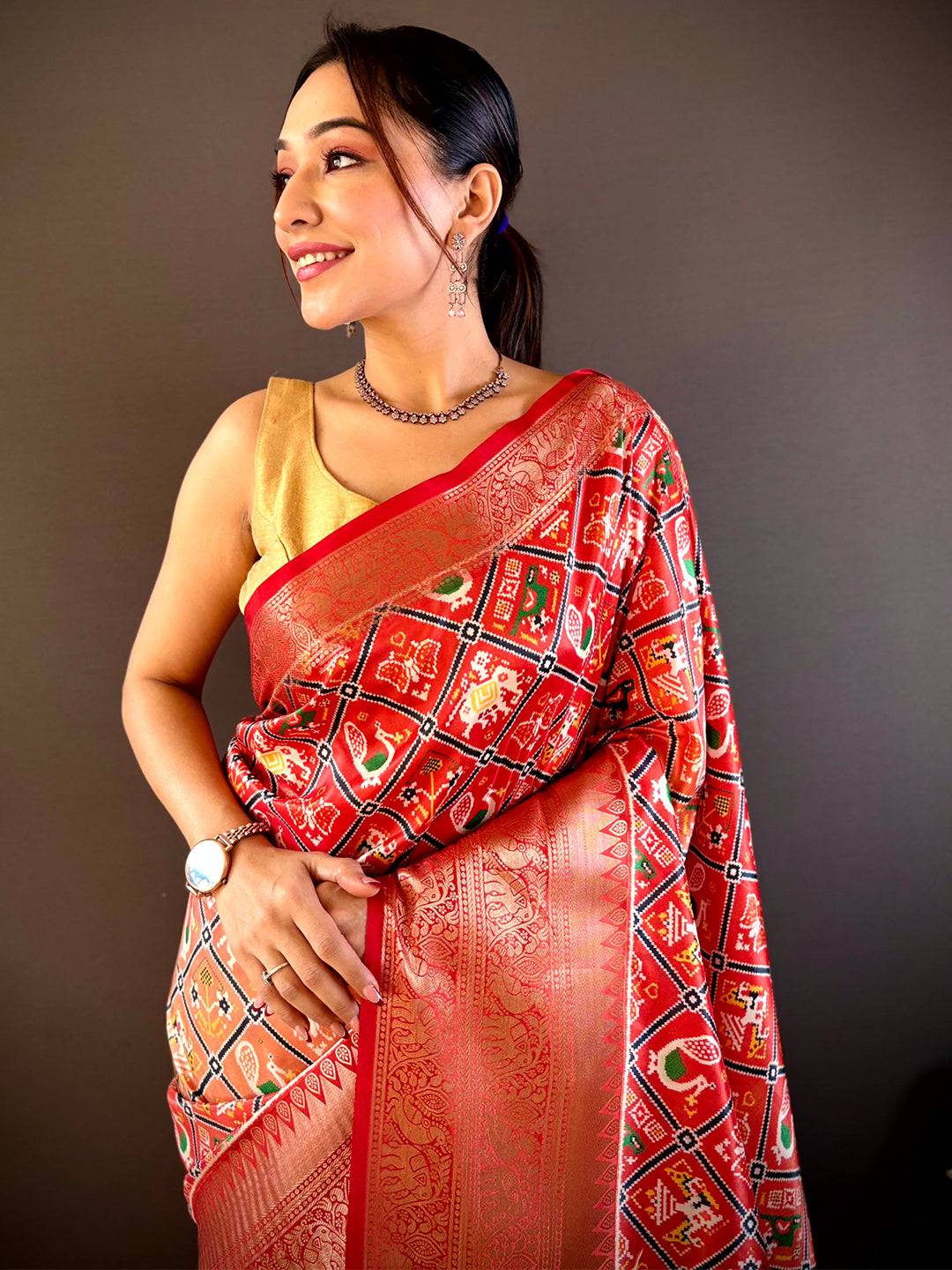 Ombre Red Soft Silk Patola Print Saree by My Store