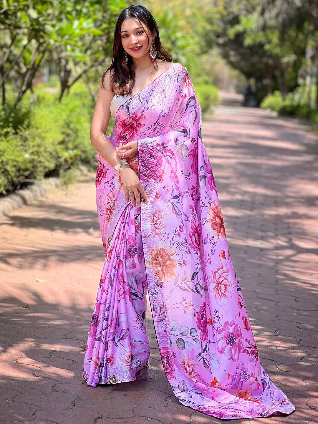 Satin Georgette Pink Floral Digital Print Saree by My Store