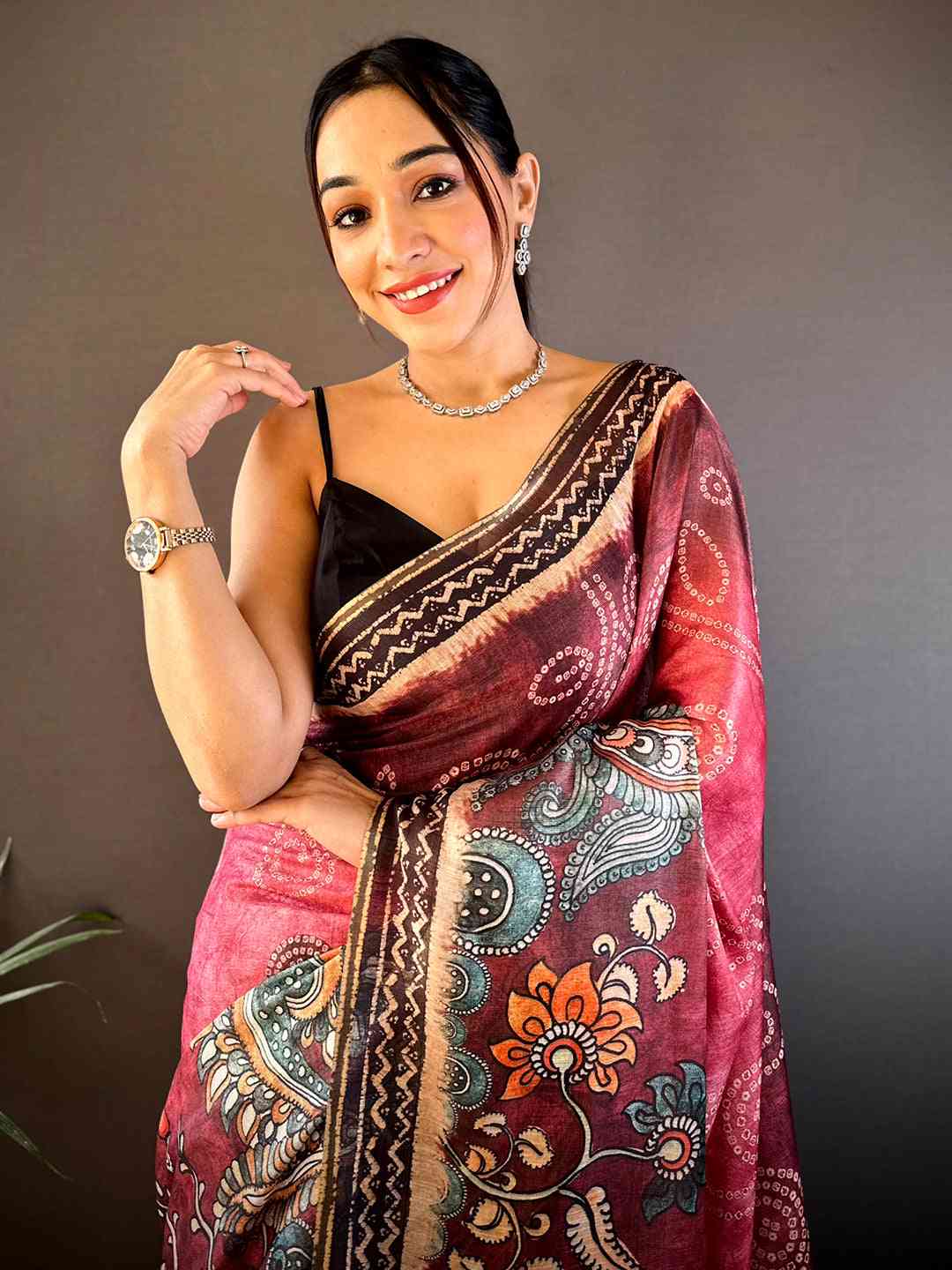 Blush Pink Kalamkari Bandhani Chanderi Saree by My Store