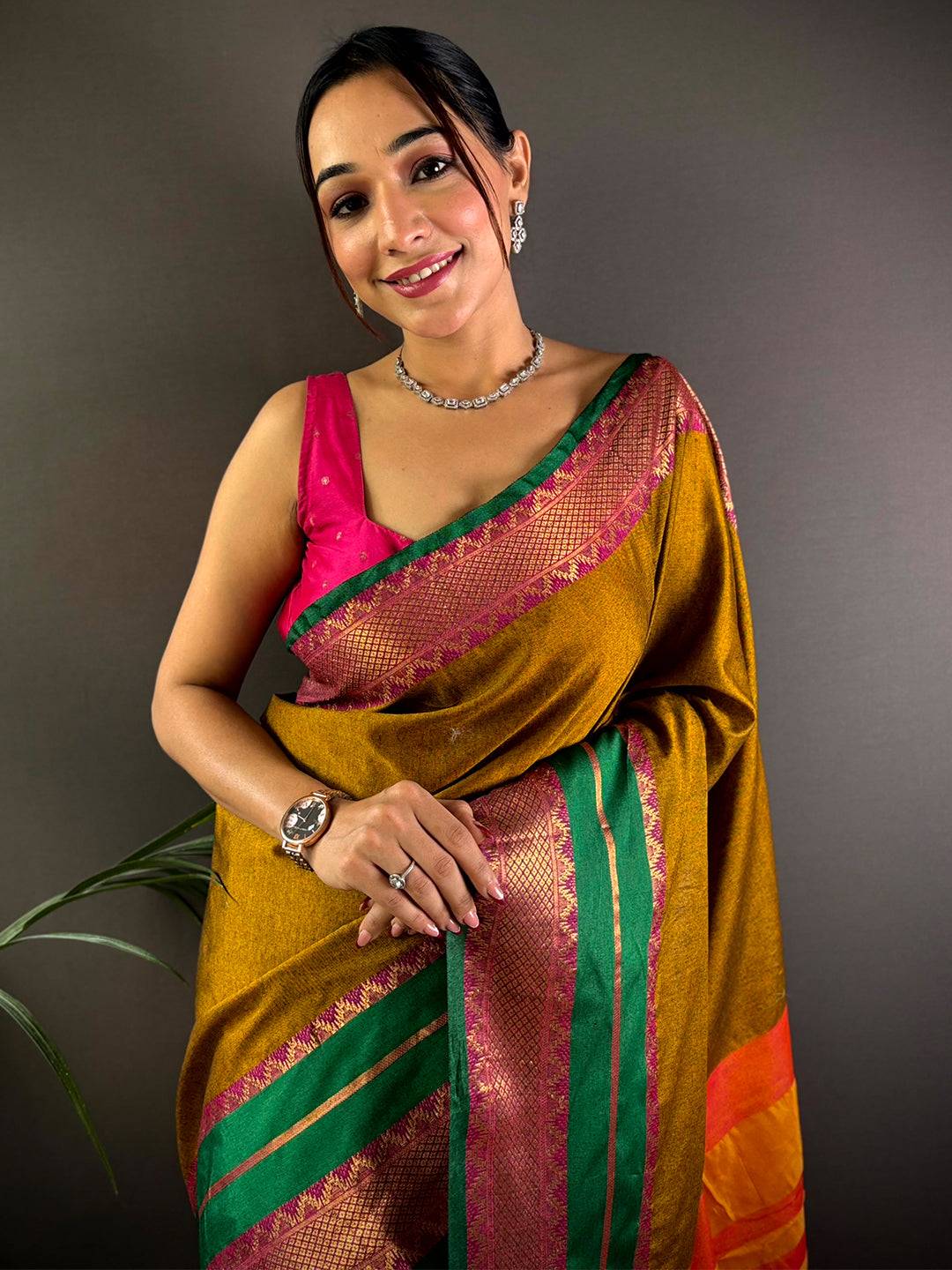 Gold Zari Green Accent Saree