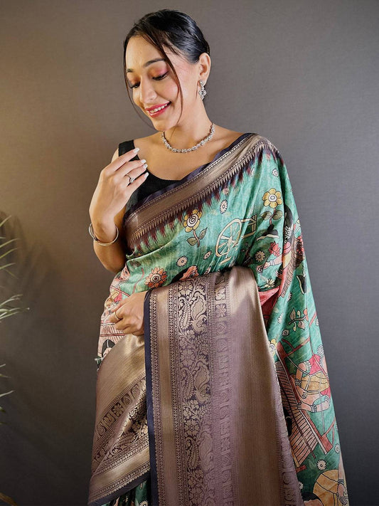 Intricate Rama Green Banarasi Silk Saree by My Store