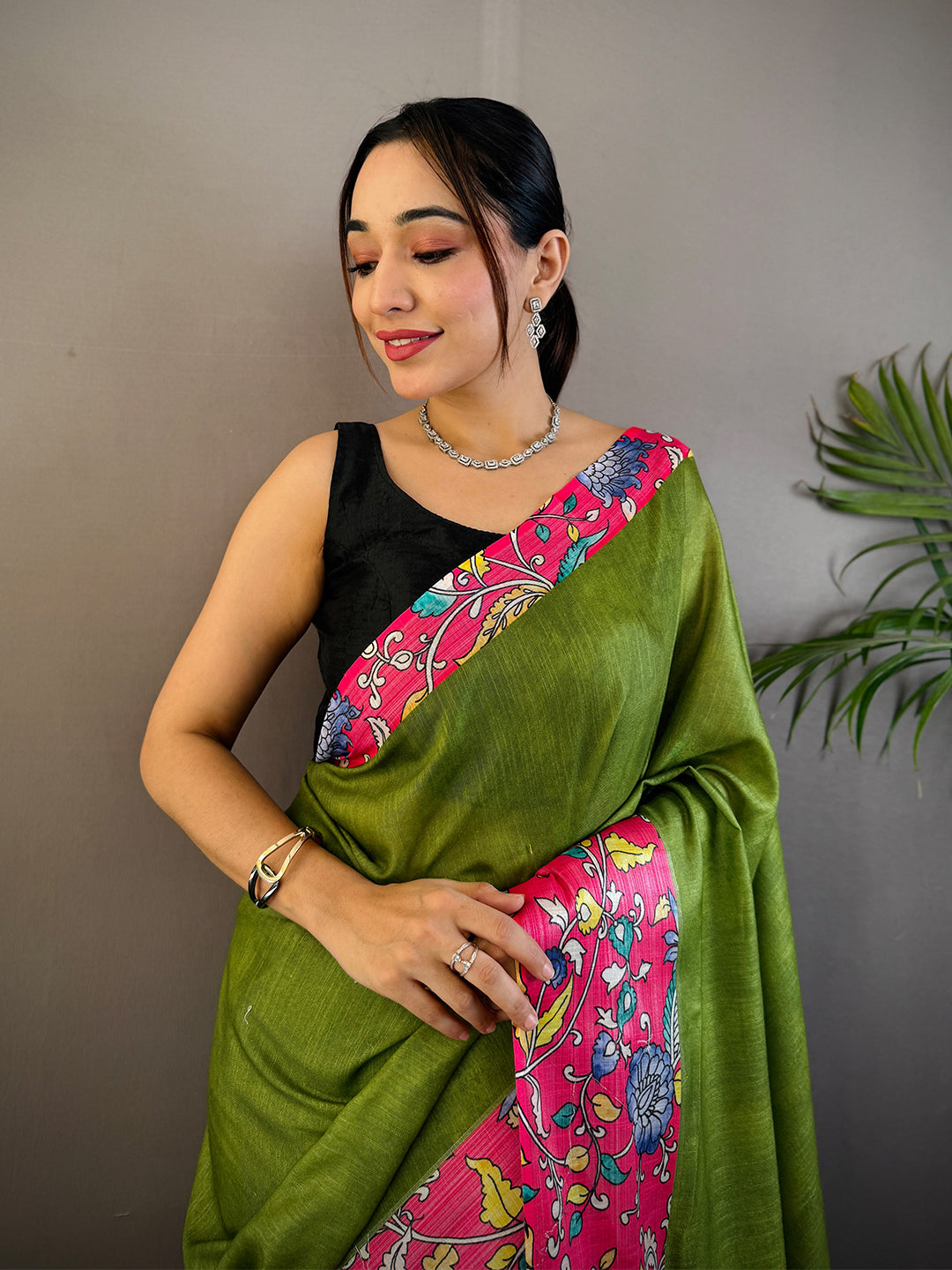Olive Linen Kalamkari Print Saree by My Store