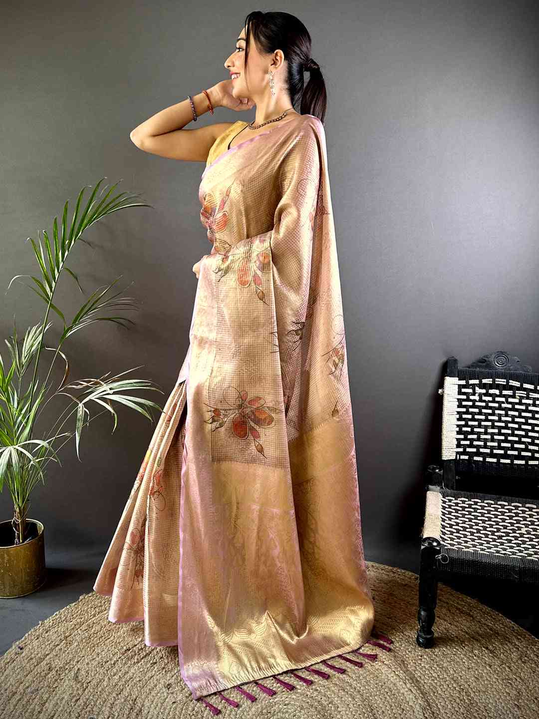 Stylish Wine Self Gold Zari Floral Print Saree by My Store