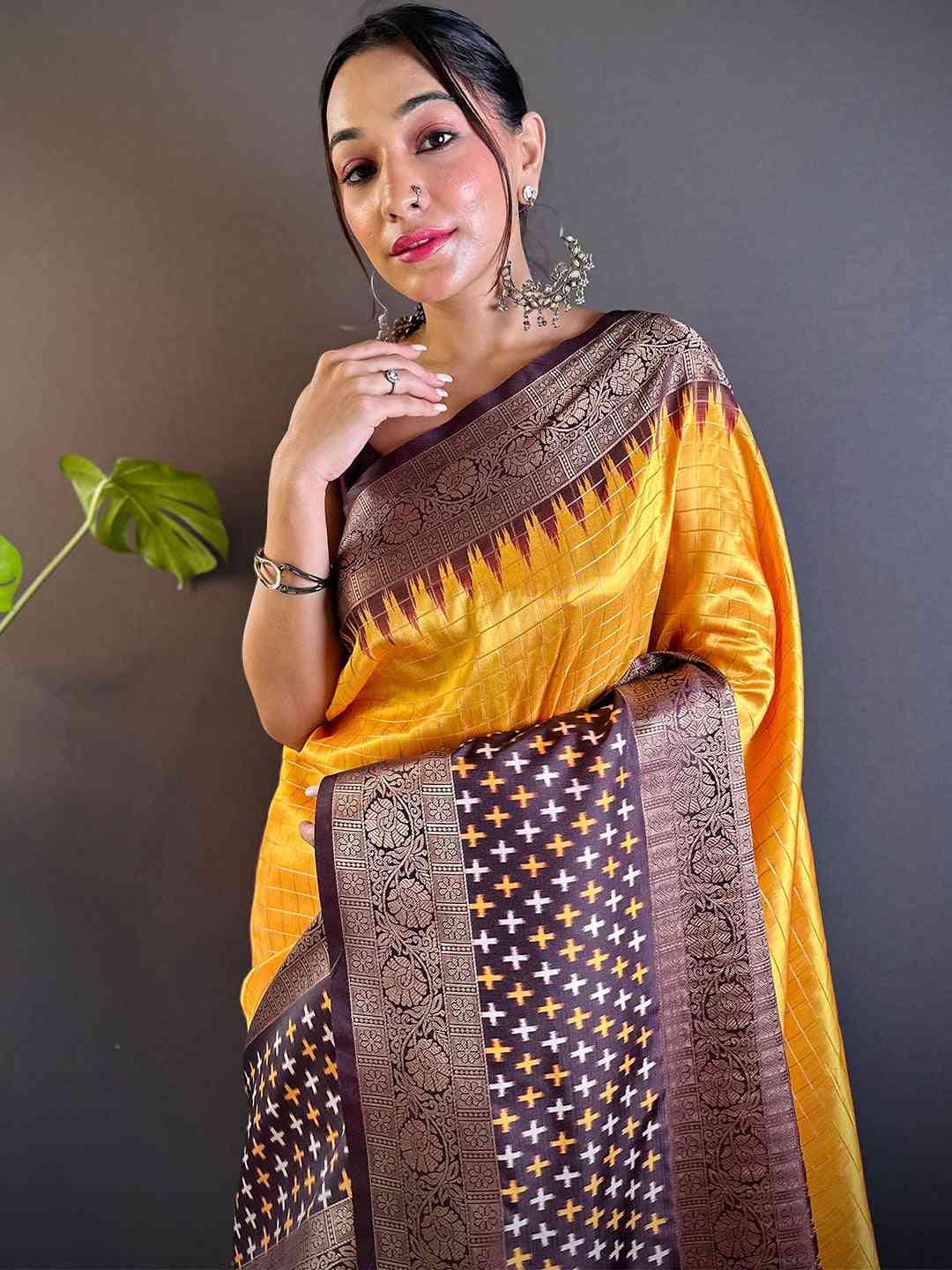 Yellow Chex Ikkat Saree With Double Border