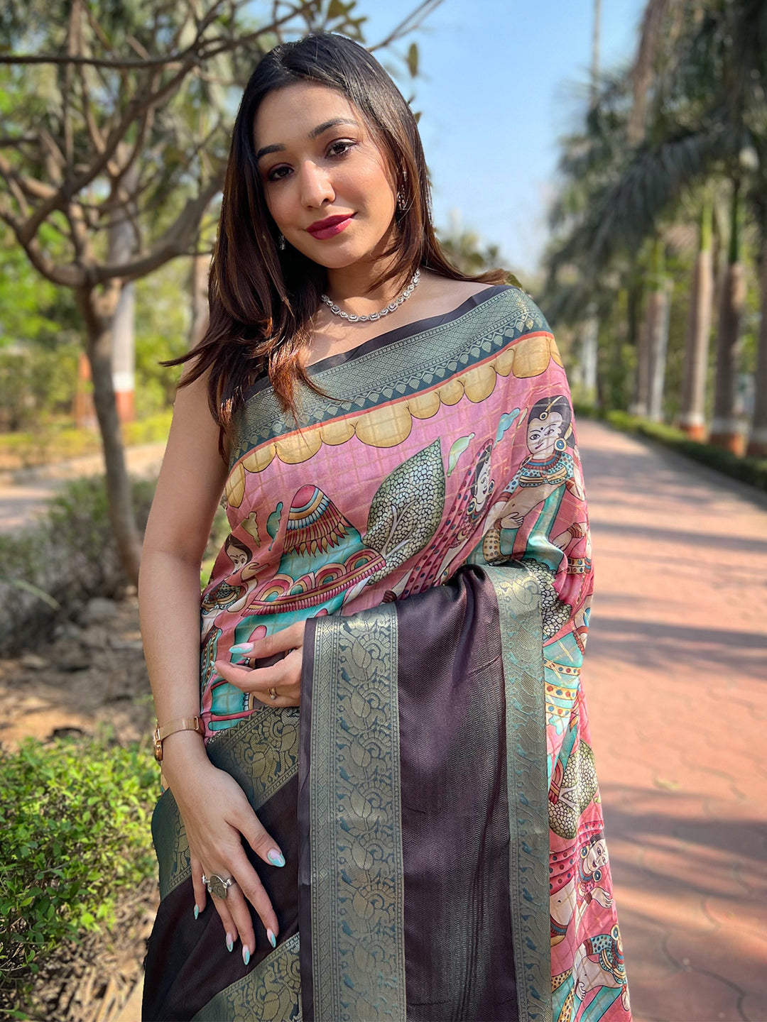 Pink Colour Double Border Chex Weaving Banarasi Soft Silk Saree by My Store