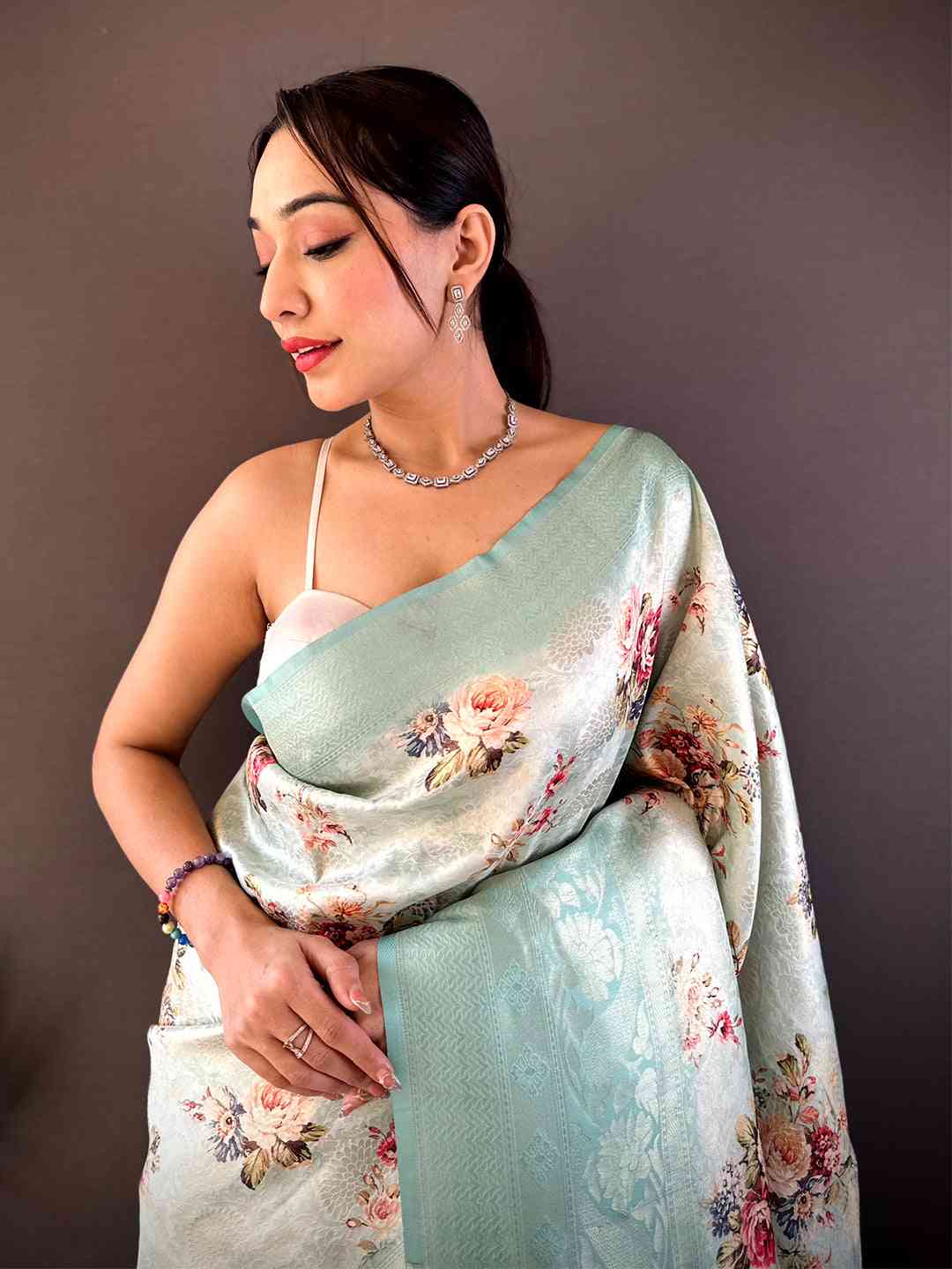 Mint Green Kanjivaram Digital Silk Saree by My Store