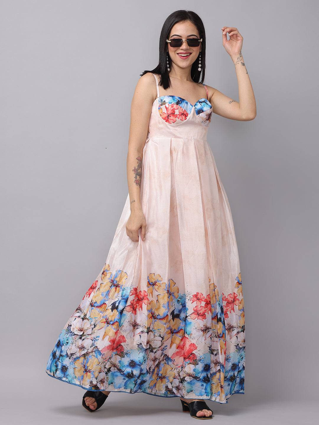 Cream Printed Floral Dress by My Store