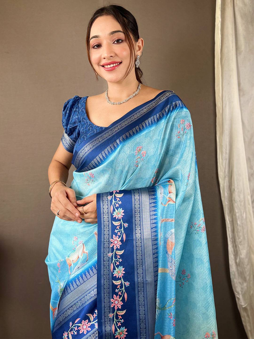Powder Blue Kota Satin Border Saree by My Store