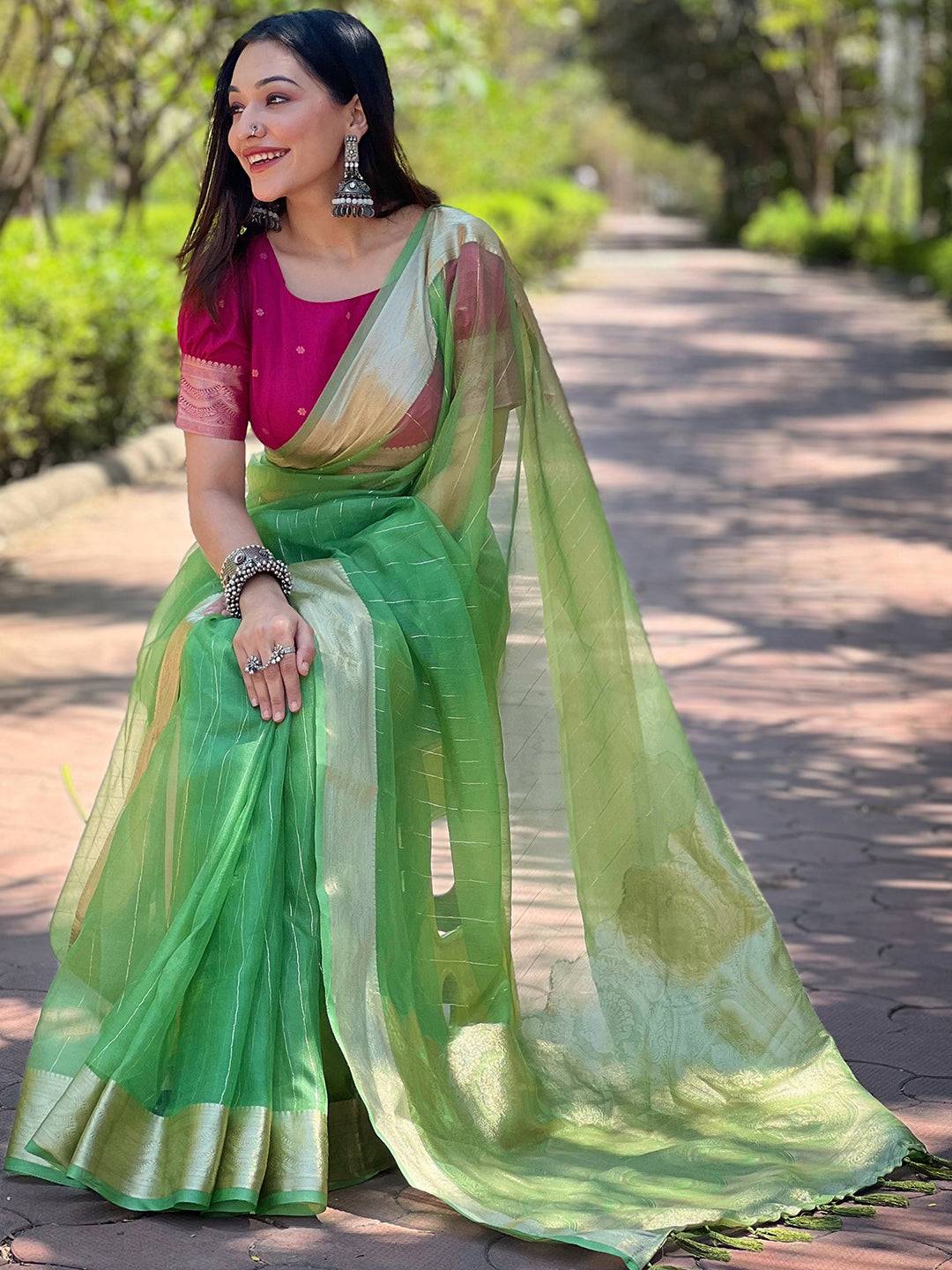 Green Pure Viscose Organza Saree With Fine Gold Zari Weaving Border by My Store