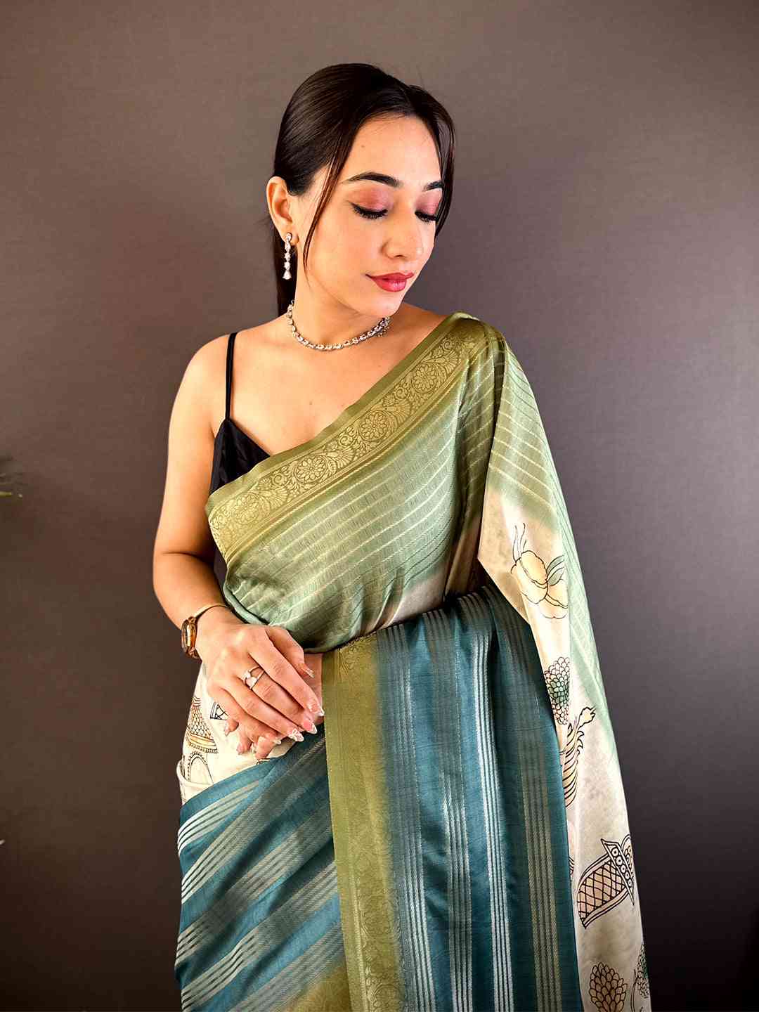 Pastel Green Soft Crepe Silk Digital Ombre Saree by My Store