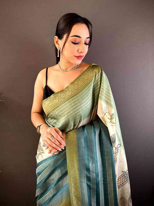 Pastel Green Soft Crepe Silk Digital Ombre Saree by My Store