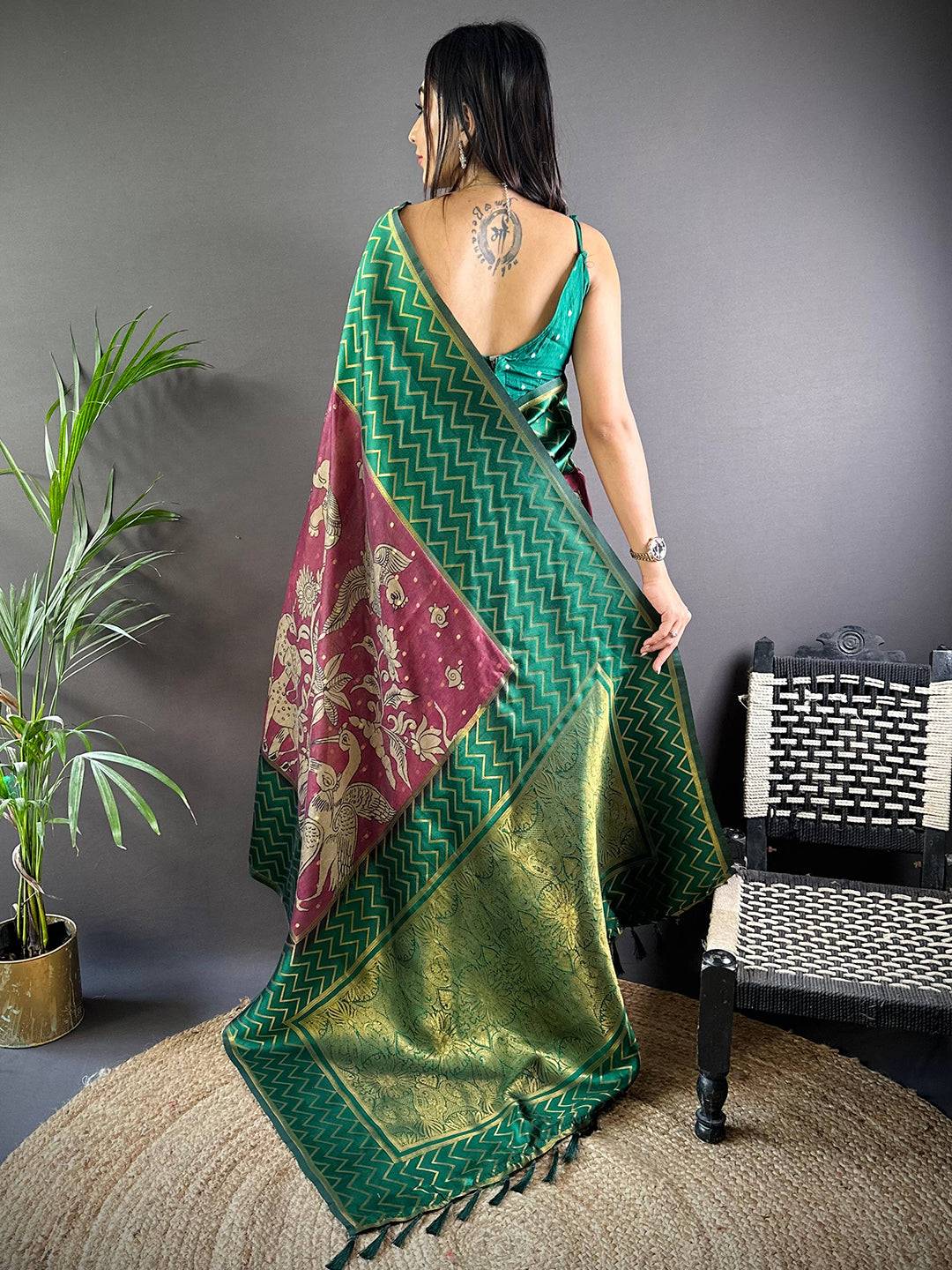Green Heritage Weave Kalamkari Soft Silk Saree by My Store