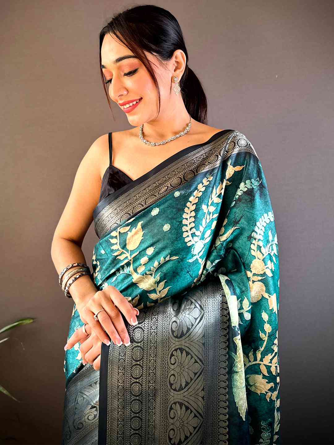 Teal Floral Animal Batik Soft Silk Saree by My Store