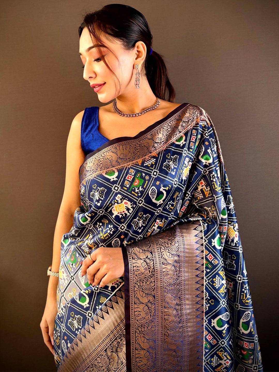 Ombre Navy Soft Silk Patola Print Saree by My Store