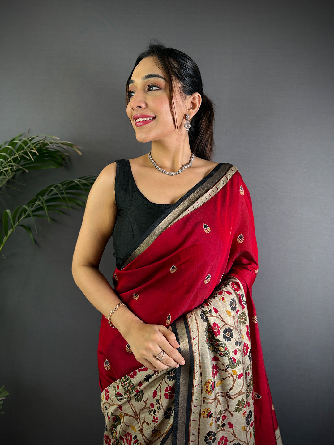 Red Pure Cotton Viscose Kalamkari Print Saree