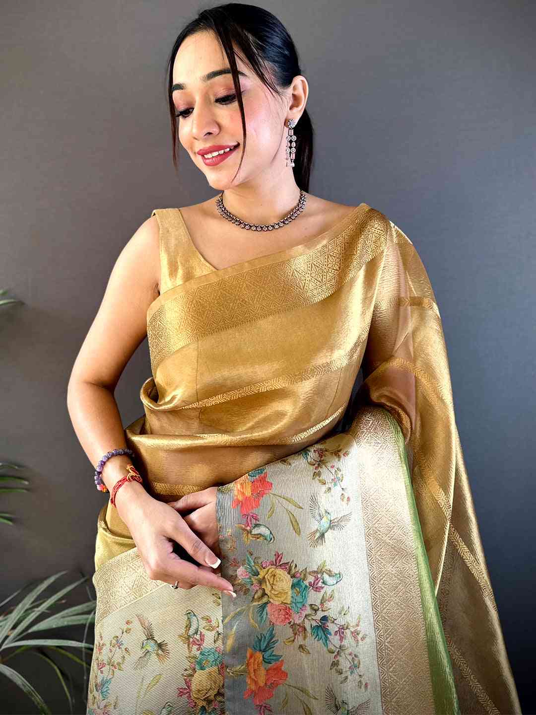 Mustard Ombre Zari Tissue Digital Print Saree by My Store