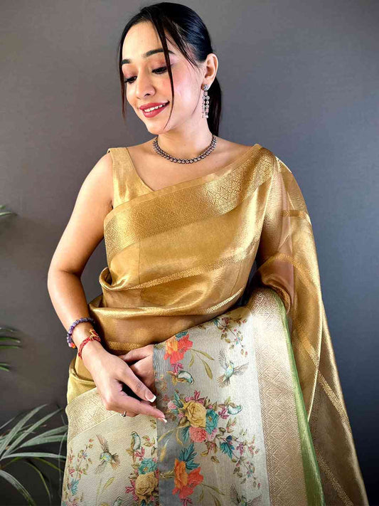Mustard Ombre Zari Tissue Digital Print Saree by My Store