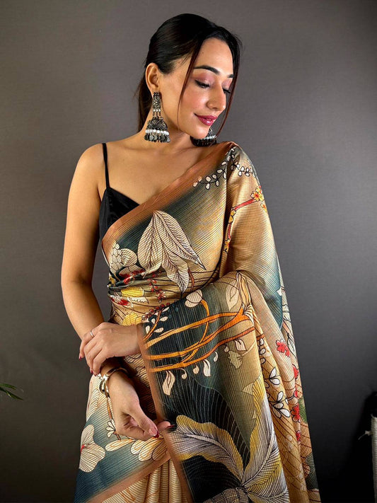 Peach Semi Gold Zari Botanical Tussar Saree by My Store