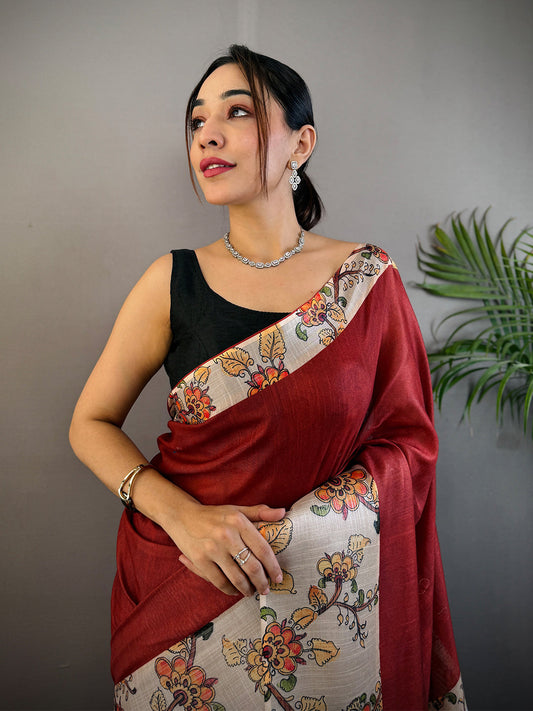 Maroon Linen Kalamkari Print Saree by My Store