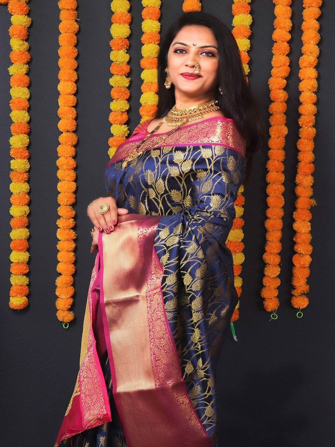 Royal Blue Kanjivaram Silk Golden Zari Weaving Saree by My Store