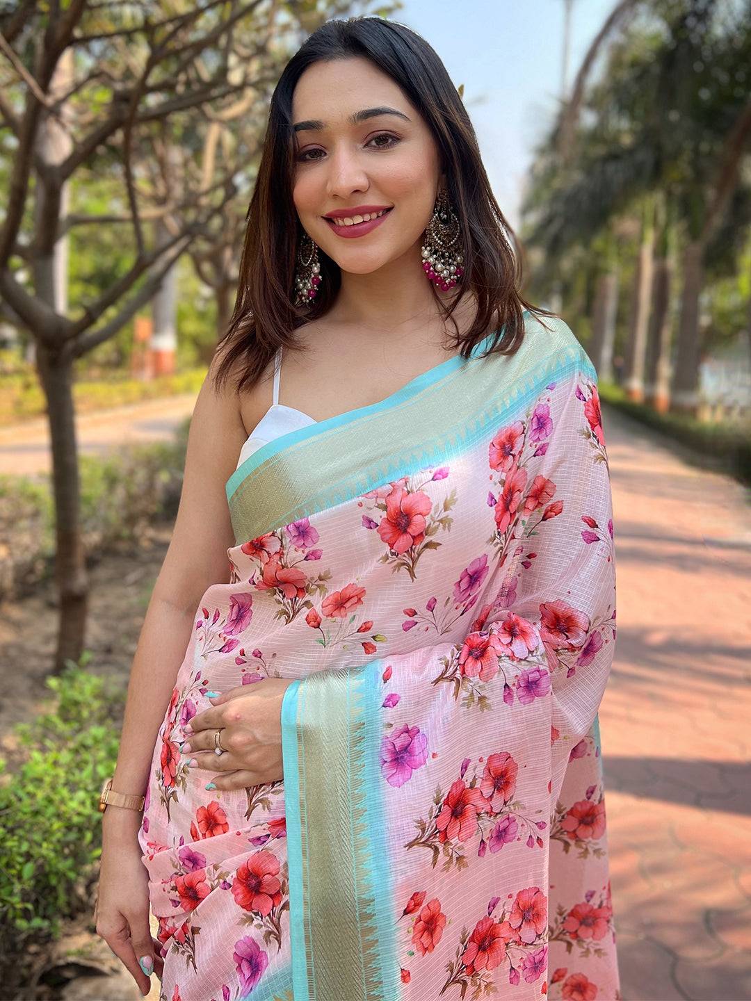 Pink Kota With Digital Floral Printed Saree by My Store