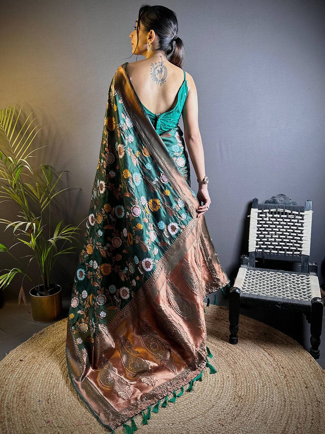 Deep Green Banarasi Silk Zari Butta Saree by My Store