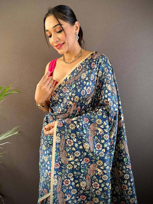Kalamkari Floral Print Gamthi Soft Silk Saree by My Store