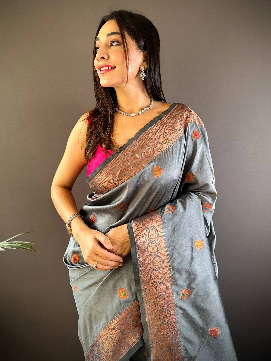 Grey Soft Silk Coppar Zari Weaving Saree by My Store