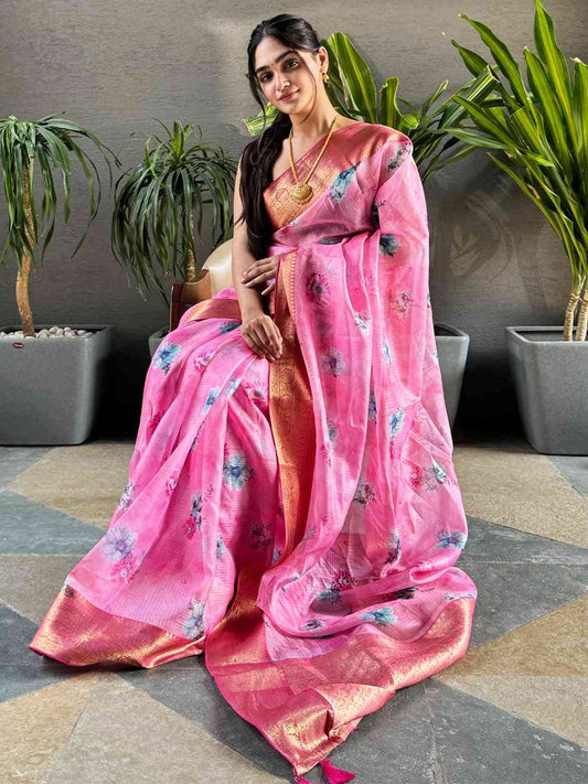 Latest Pink Colour Digital Flower Print Kota Silk Saree by My Store