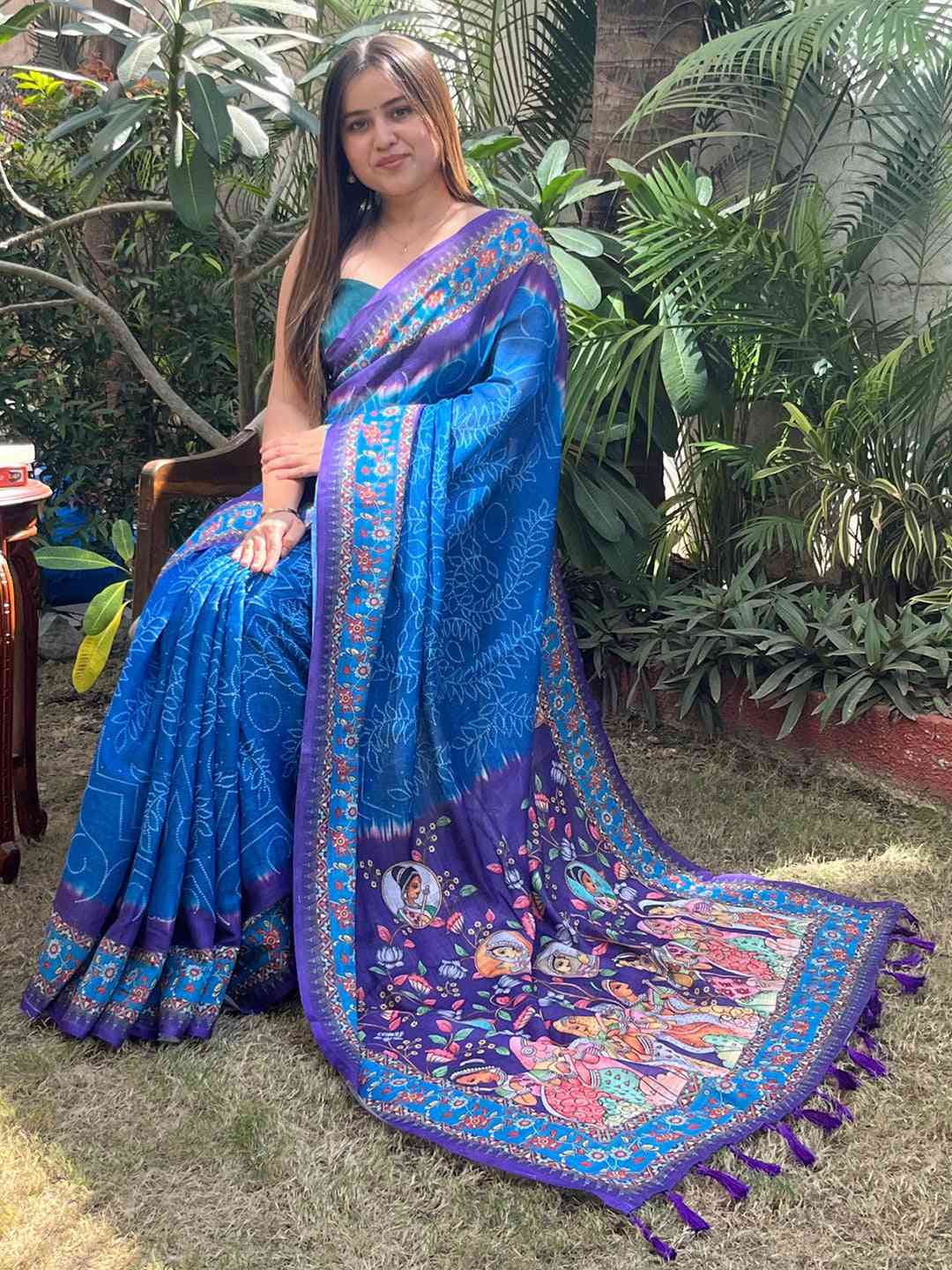Royal Blue Design Linen Saree with Bandhej and kalamkari Digital Print by My Store