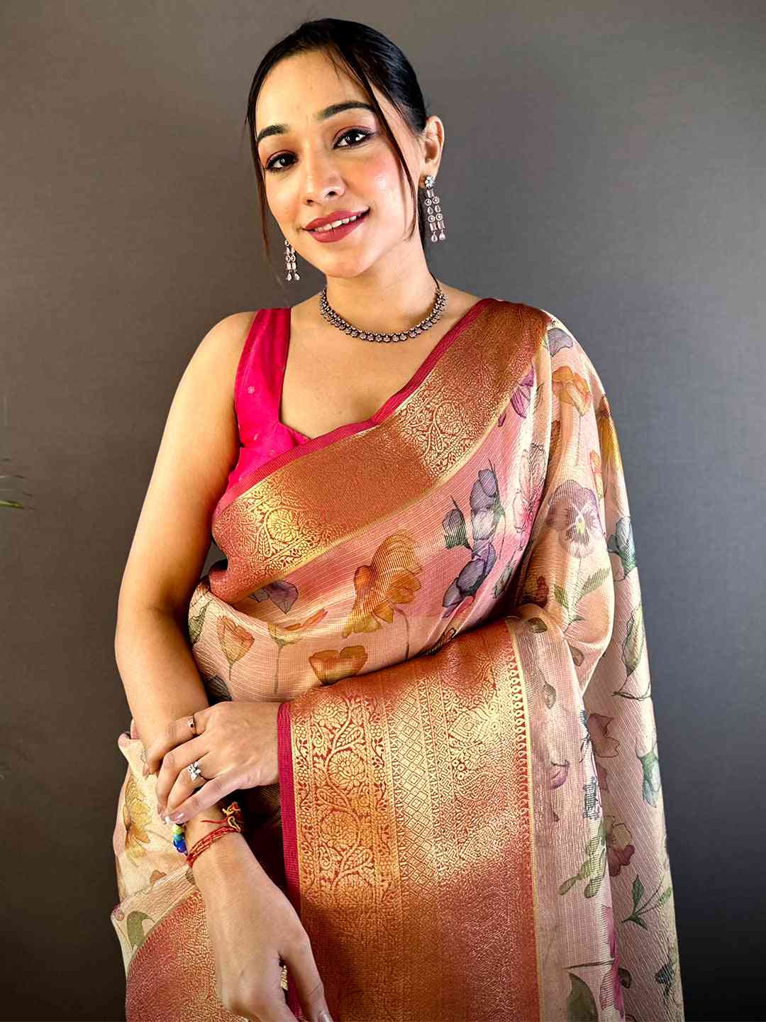 Tan Beige Floral Gold Zari Tissue Saree by My Store