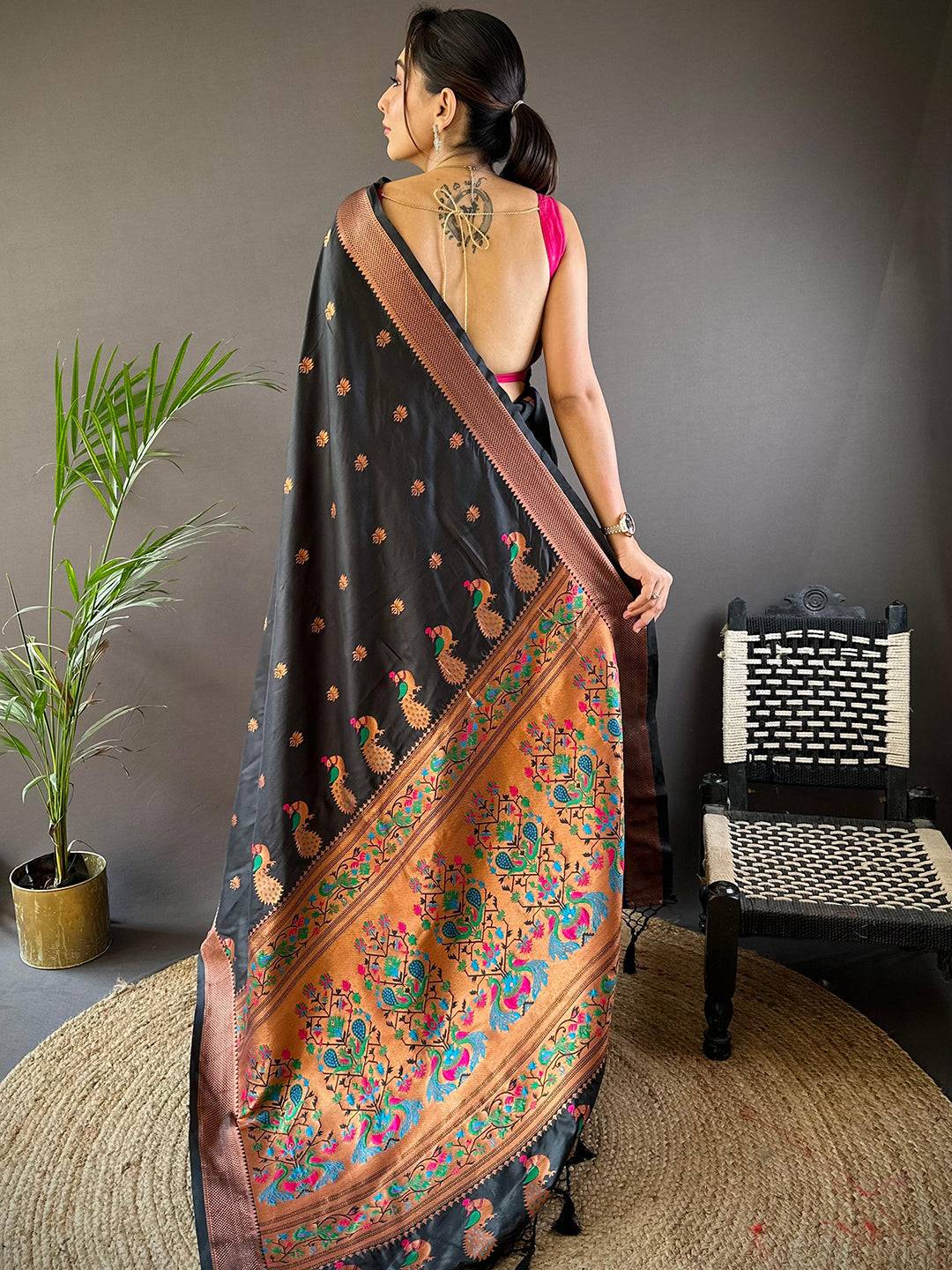 Copper Allure Soft Silk Black Saree by My Store