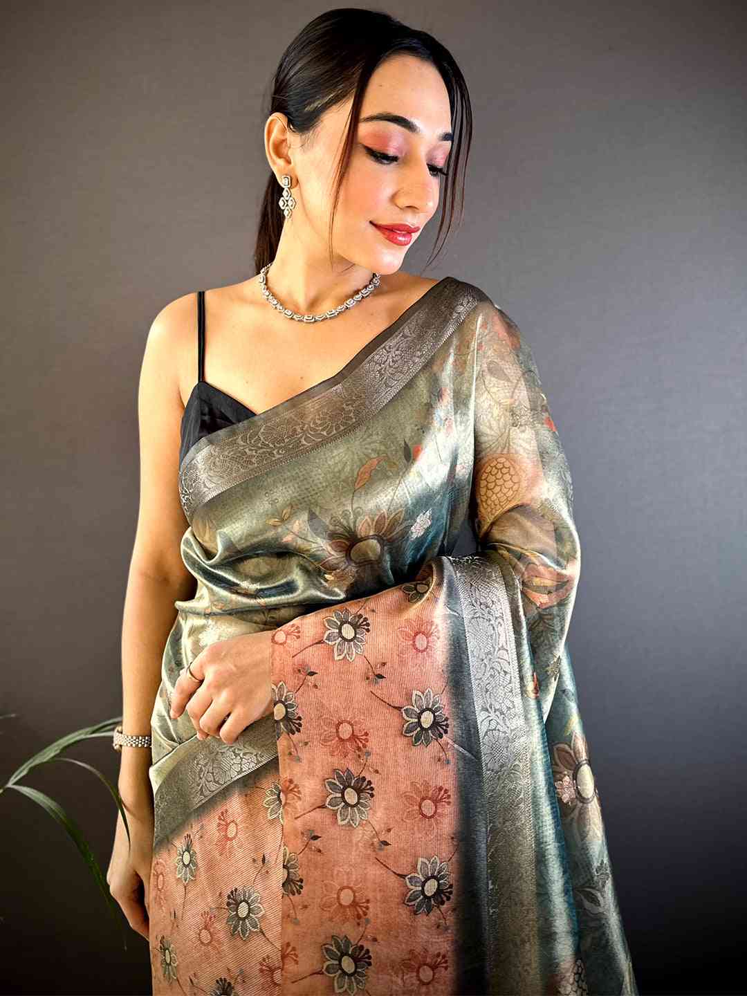 Olive Floral Satin Bentex Border Saree by My Store