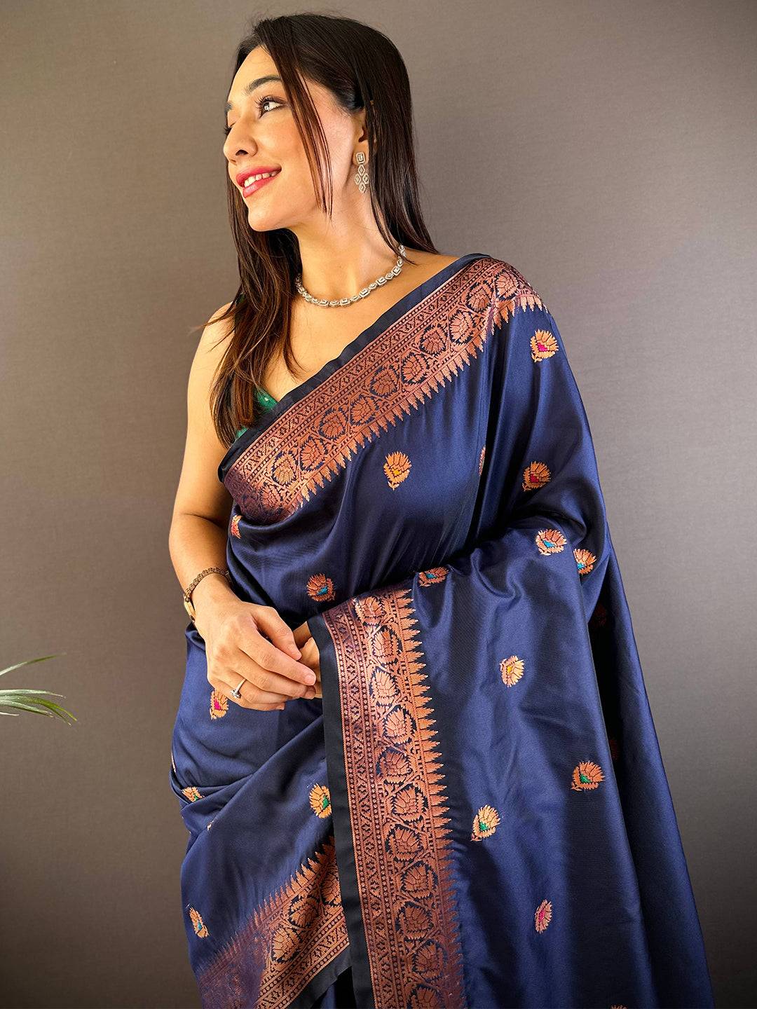 Navy Blue Soft Silk Coppar Zari Weaving Saree by My Store