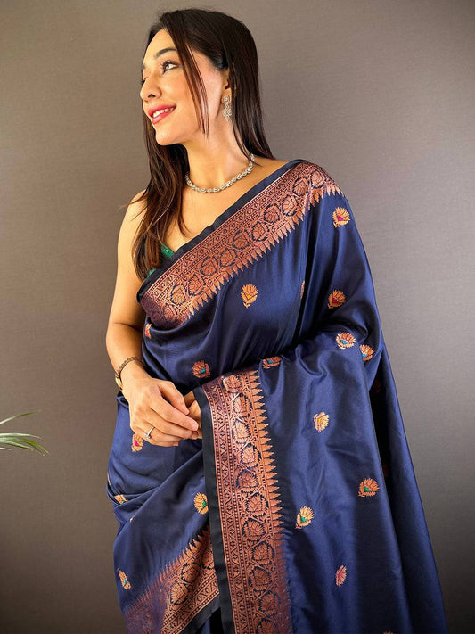 Navy Blue Soft Silk Coppar Zari Weaving Saree by My Store