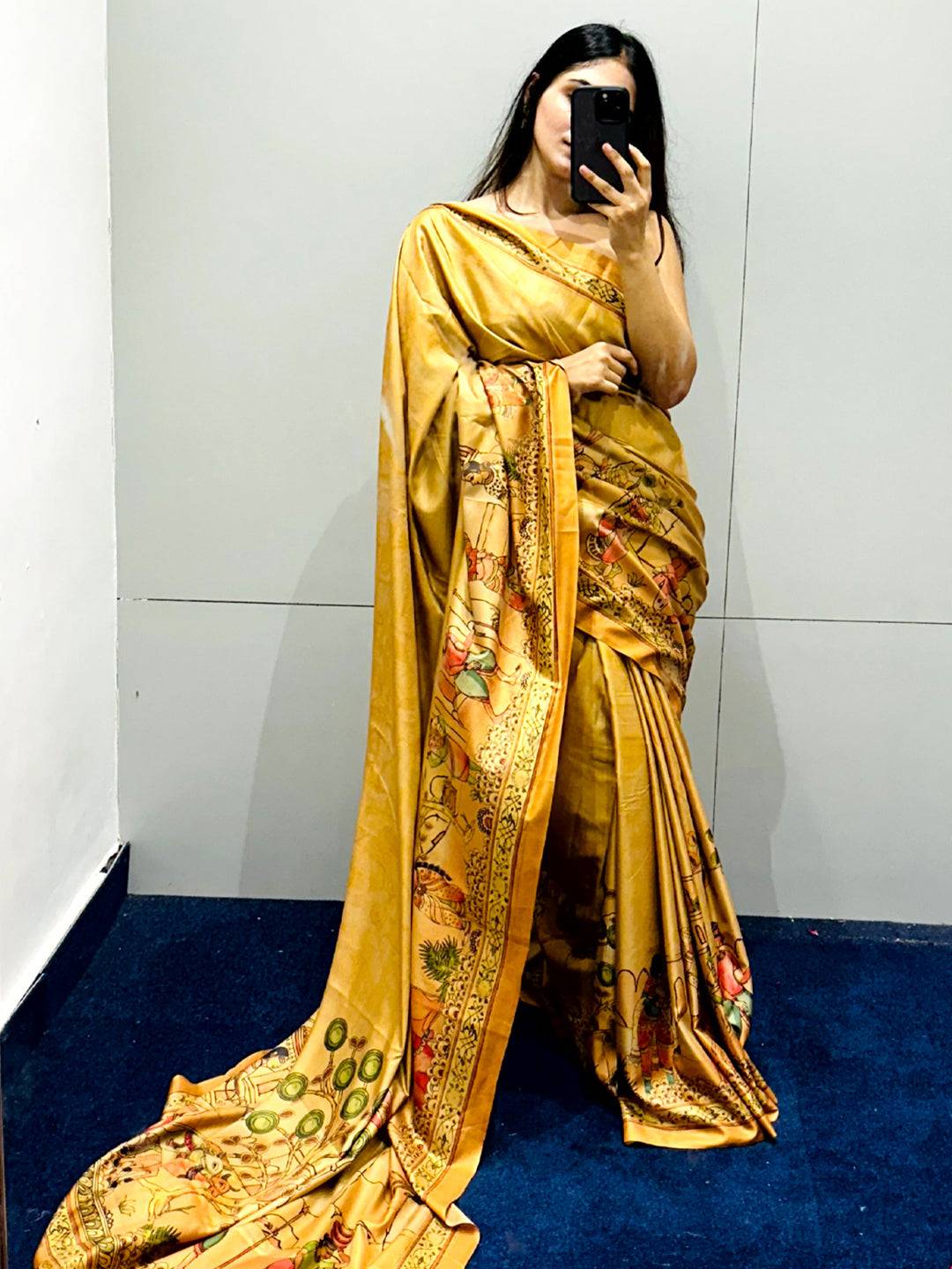 Gold Free Hand Kalamkari Print Saree by My Store
