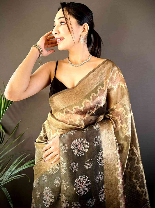Light Chikku Tissue Striped Digital Printed Saree by My Store