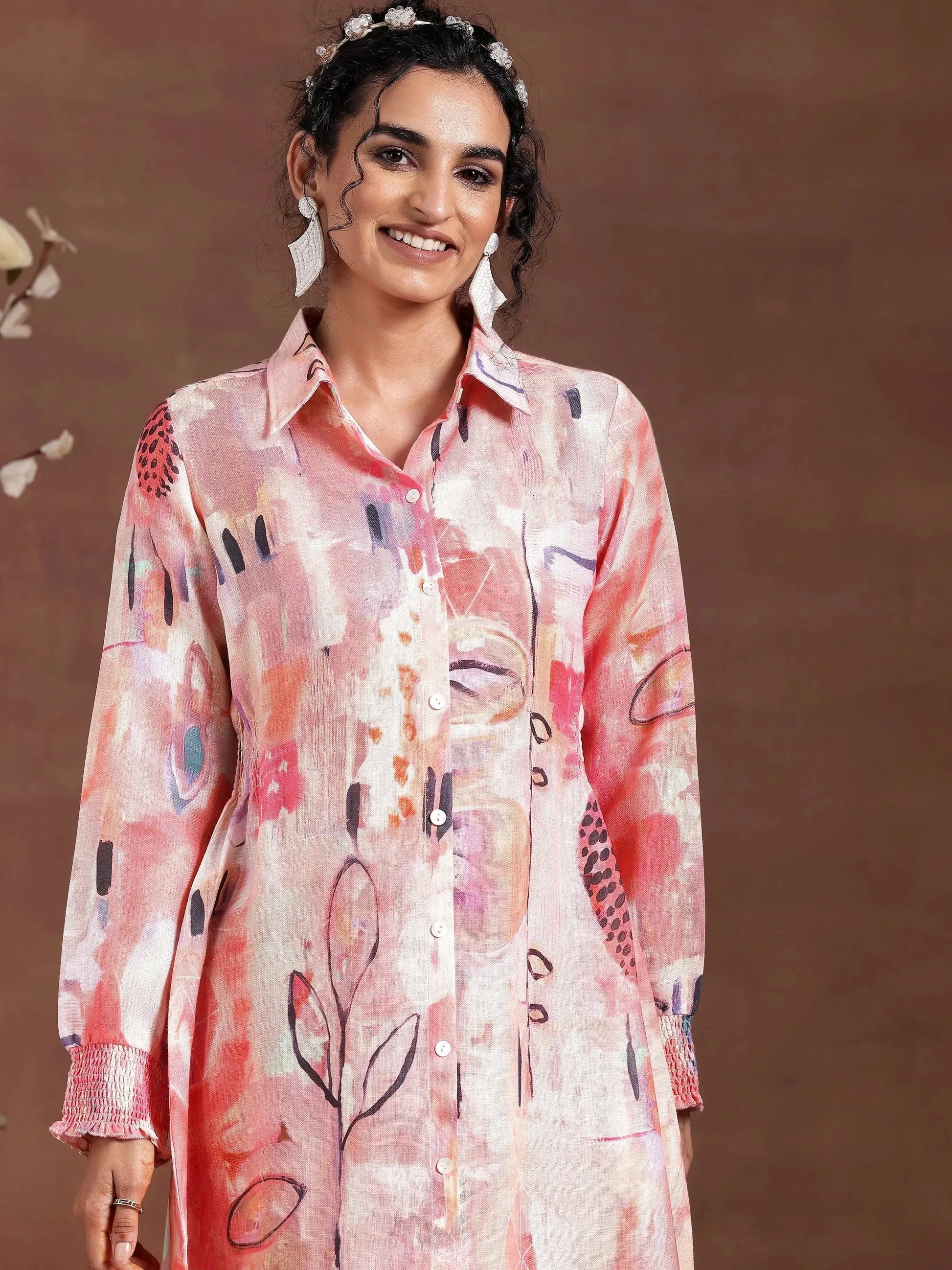 Peach Printed Cotton Blend A-Line Dress by My Store