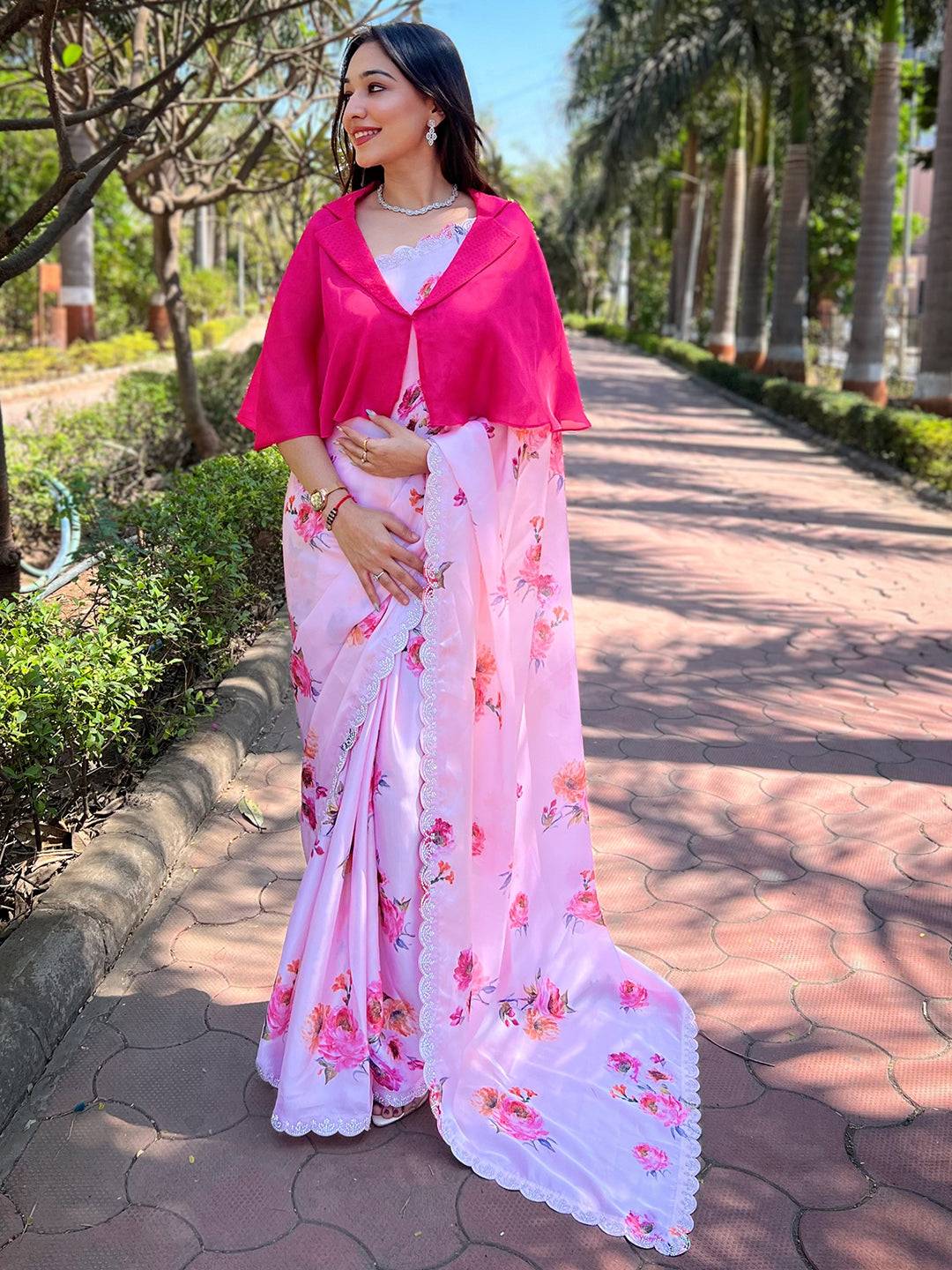 Pink Pure Satin Georgette with Zircon Swarovski Border Saree by My Store