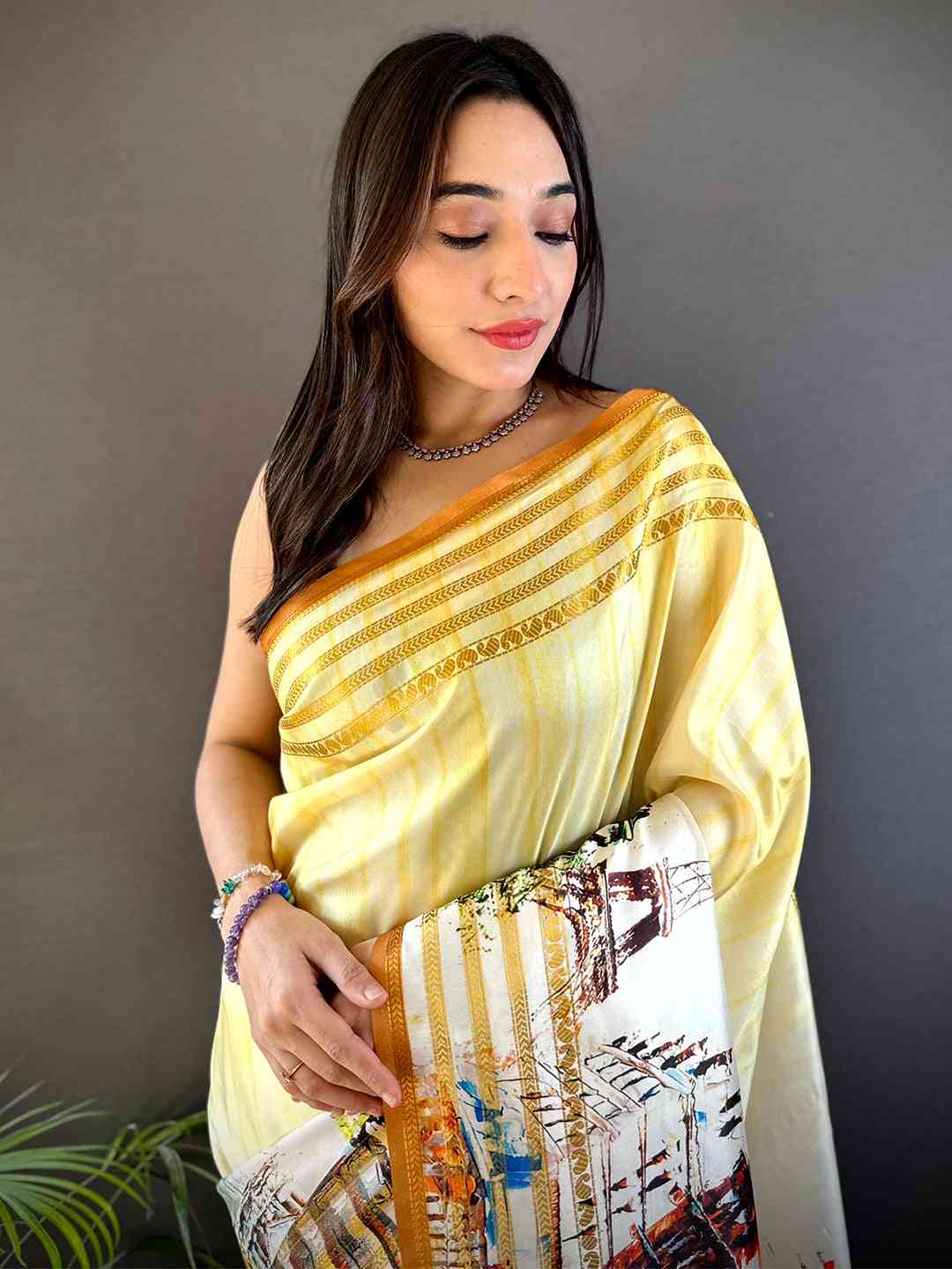 Lime Yellow Japanese Freehand Digital Print Saree by My Store
