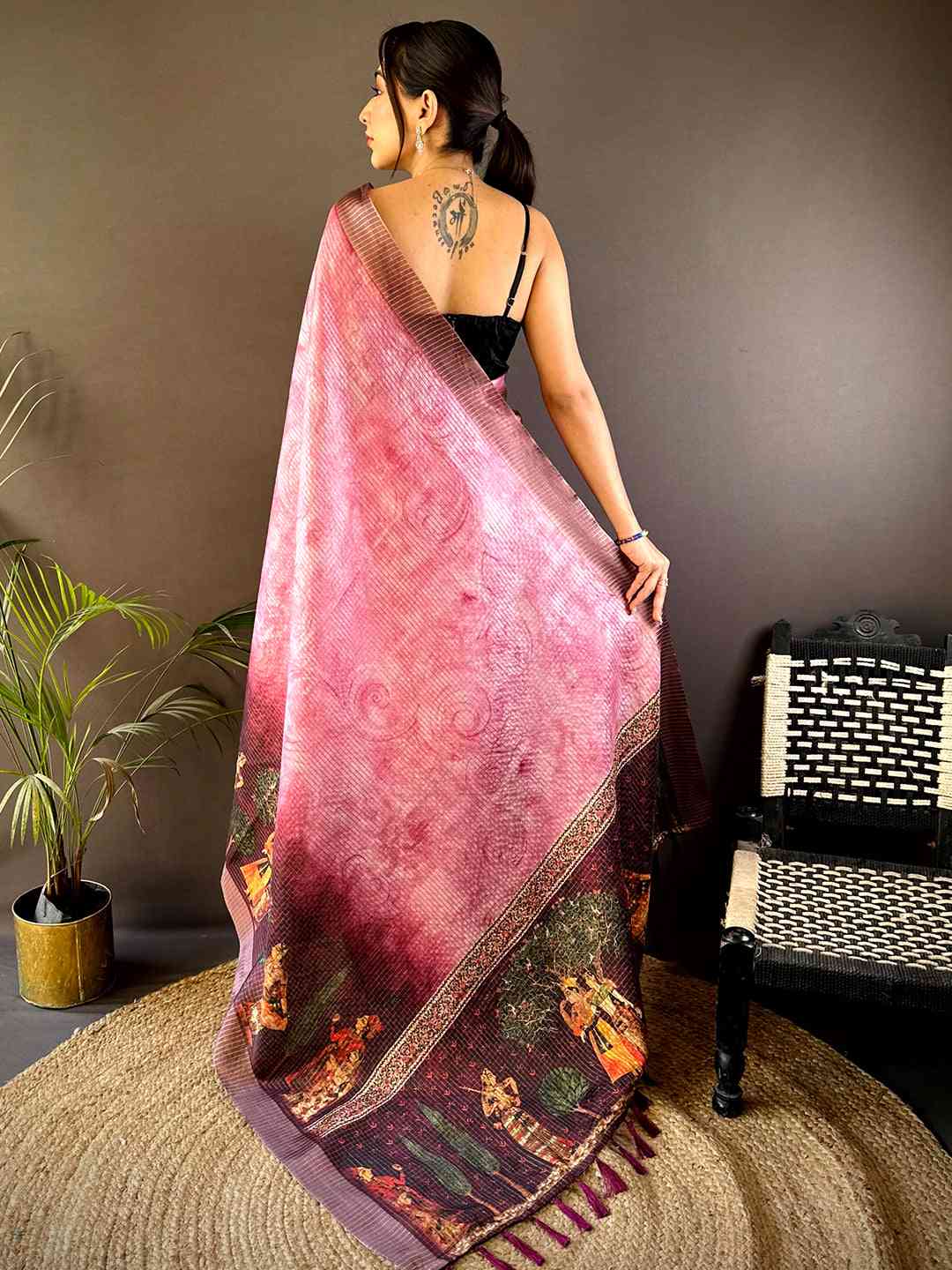 Light Pink Kalamkari Pichwai Black Check Saree by My Store