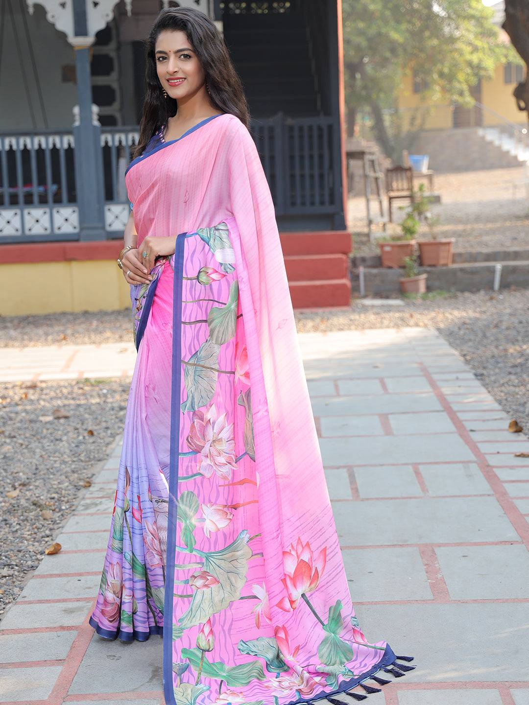 Satin Georgette Dark Pink Colour Hand Print Saree - Luxe by My Store