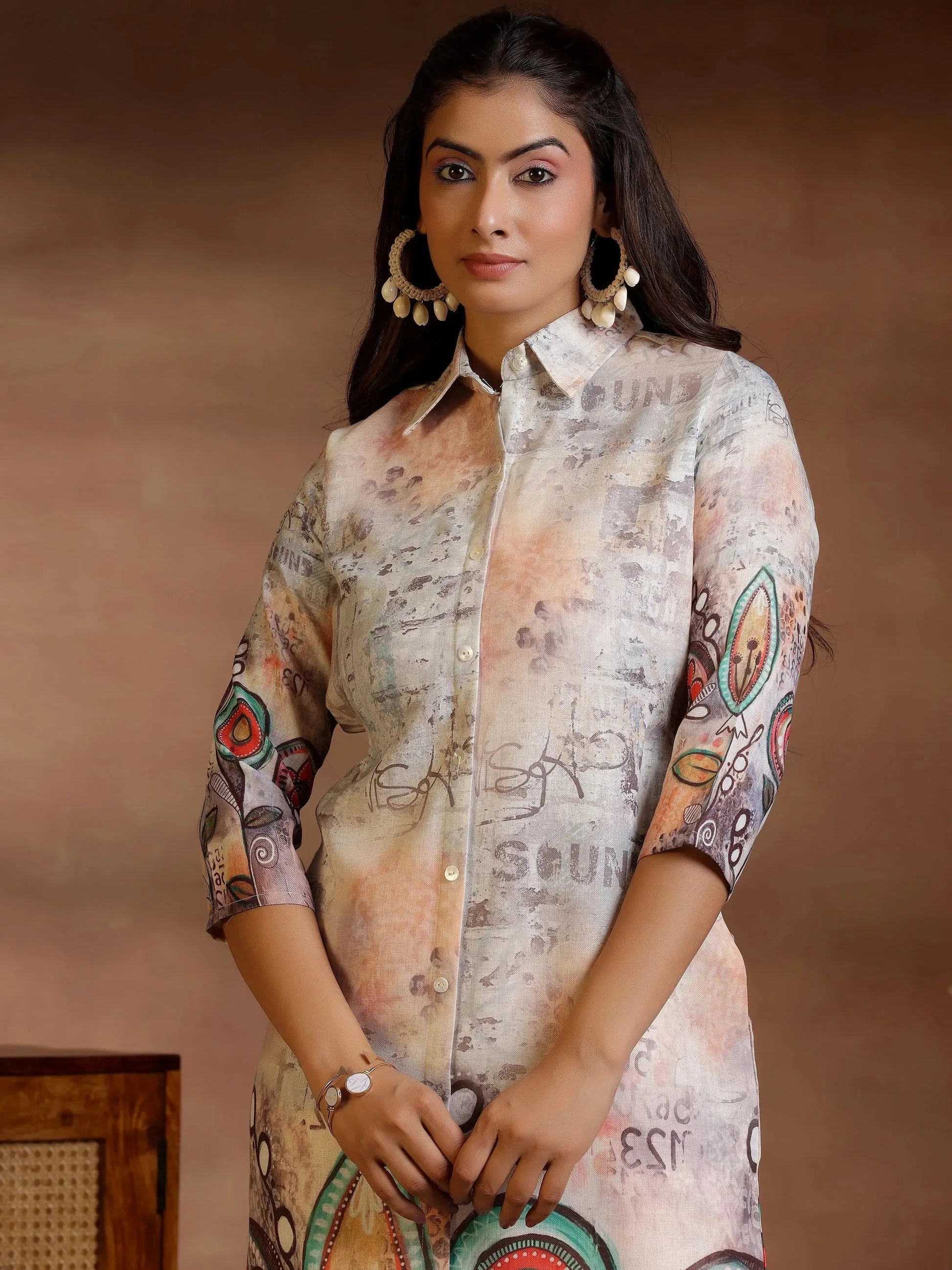 Off White Printed Cotton Blend A-Line Dress by My Store