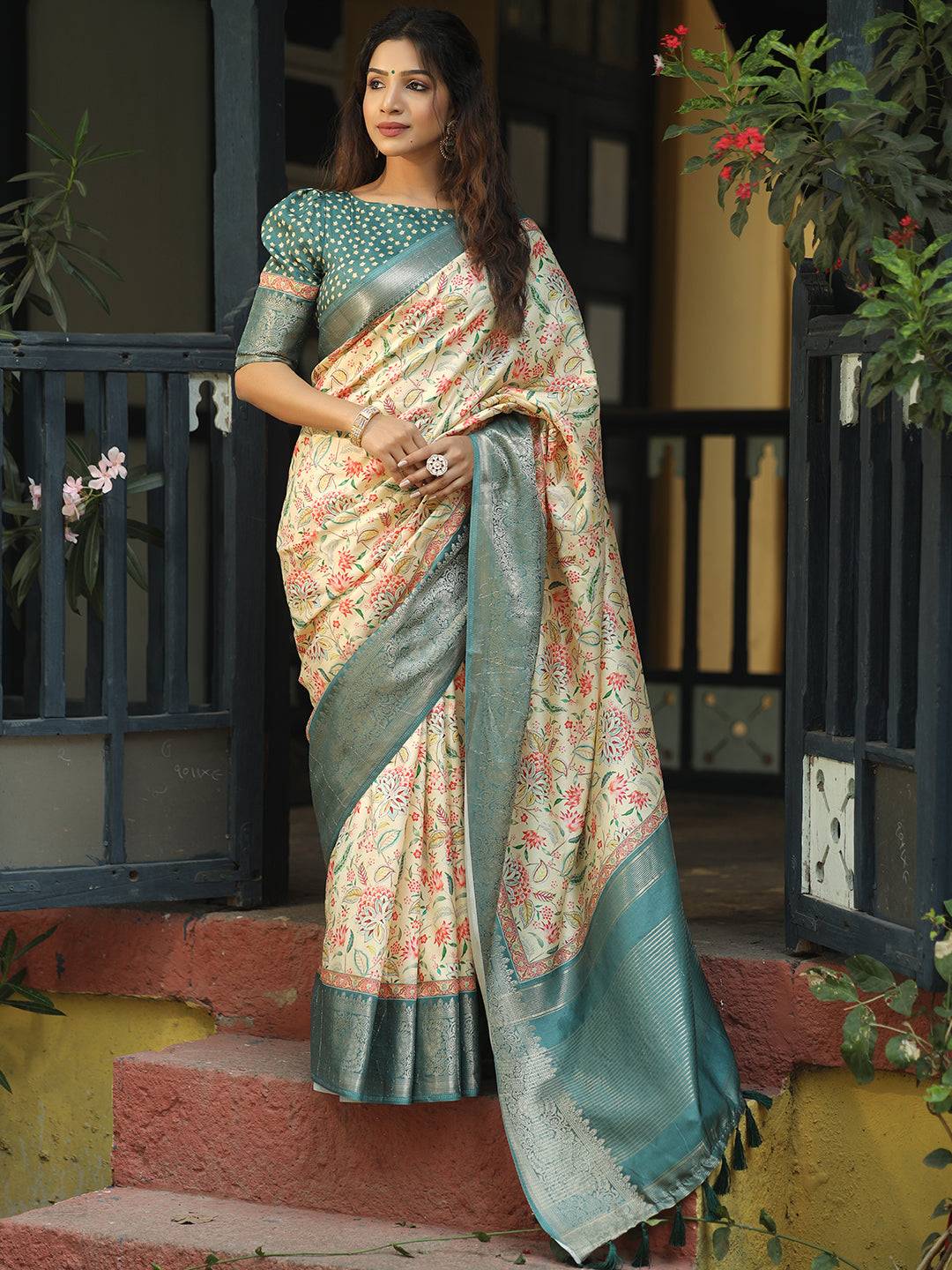 Cream Colour Phulkari Design Zari Weaving Pallu Saree - Luxe by My Store