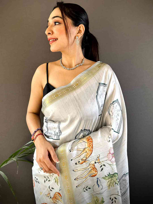 Hippie Blue Forest Phulkari Kalamkari Print Saree by My Store