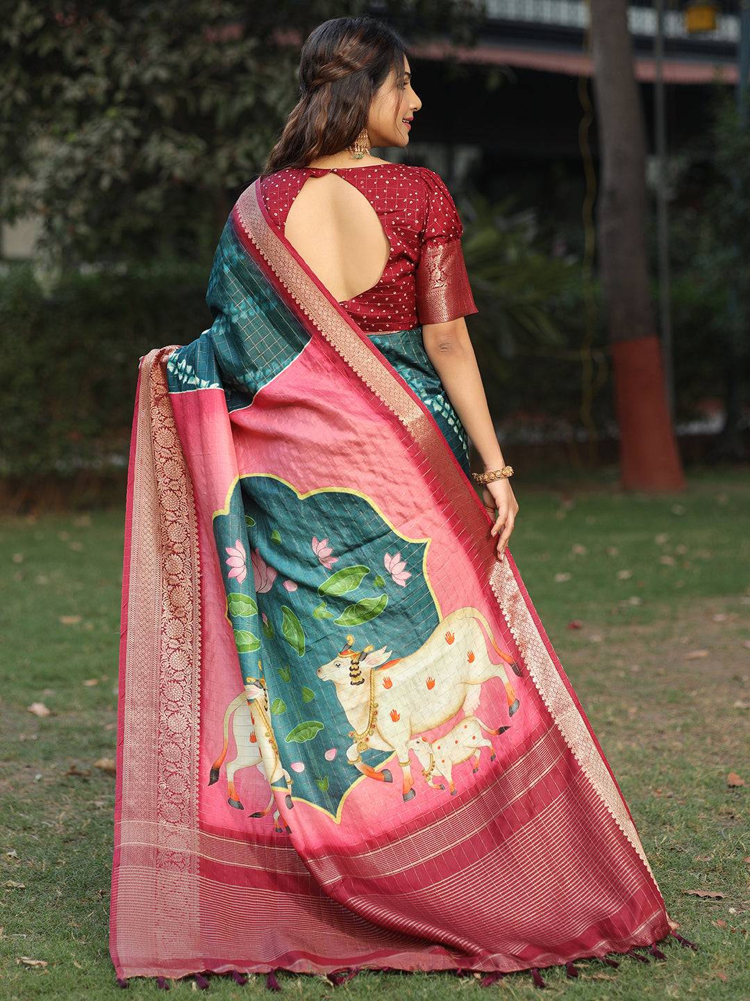 Teal Colour Pure Viscose Dola Silk Saree With Mughal Motifs - Luxe by My Store