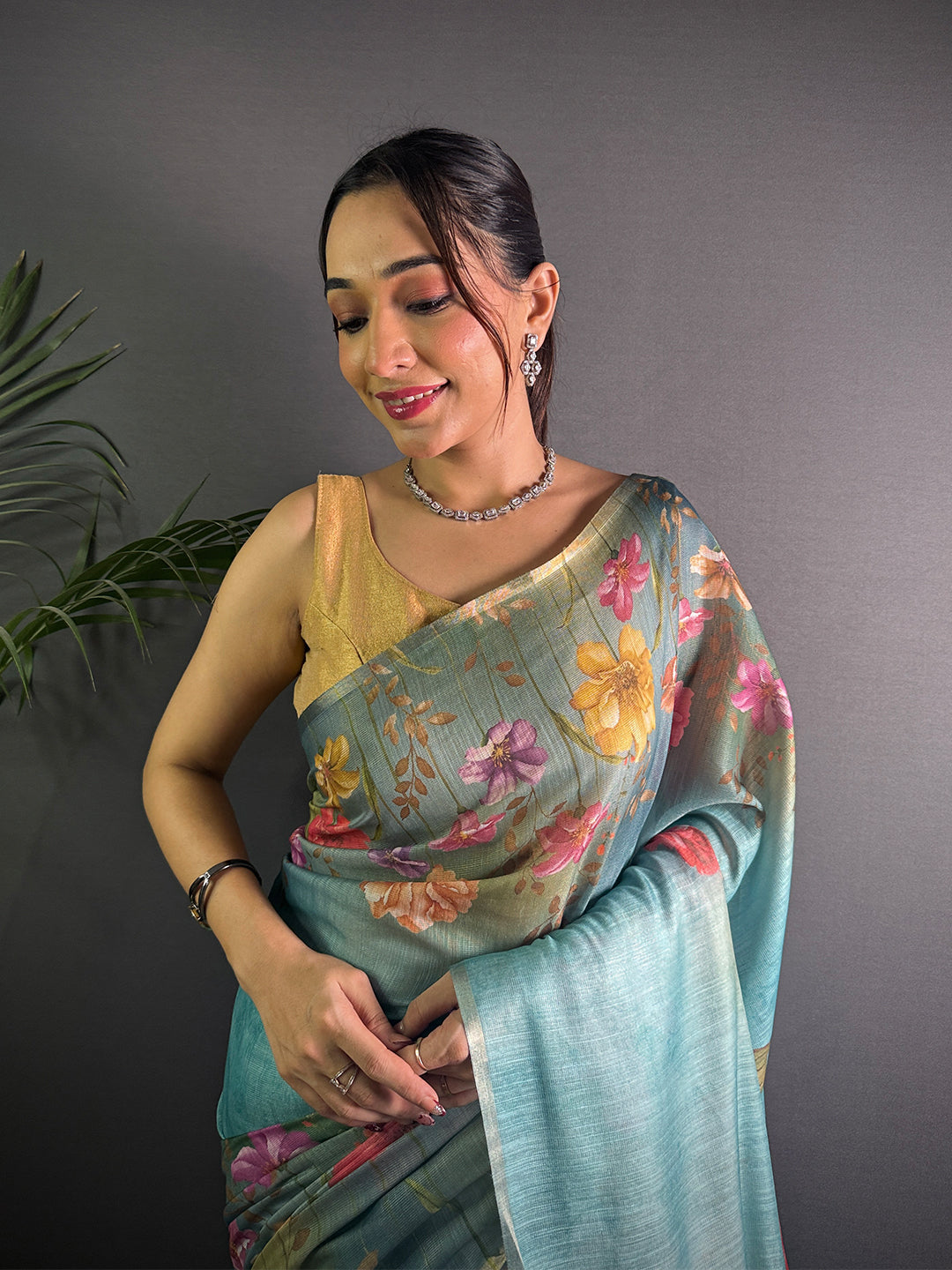 Teal Blue Linen Juth Digital Print Saree by My Store