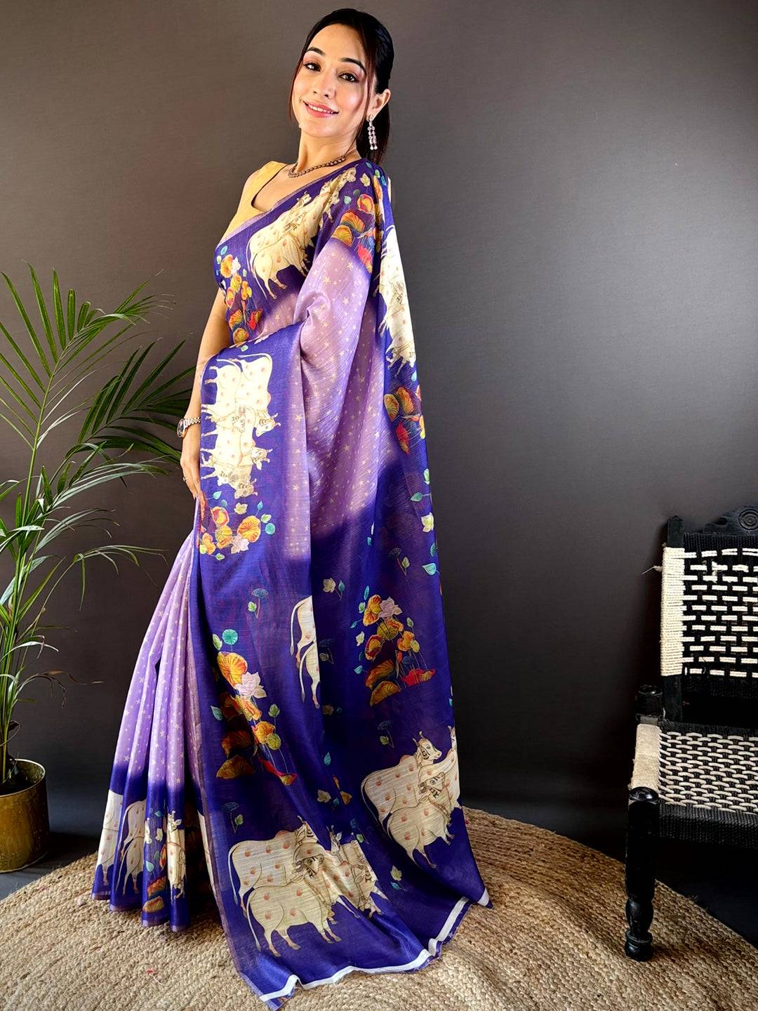 Purple Chanderi Pichwai Print Saree by My Store